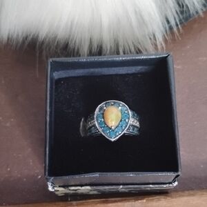 Elegant Sterling Silver  and Blue Opal Teardrop  With Teal Topaz Stones Ring